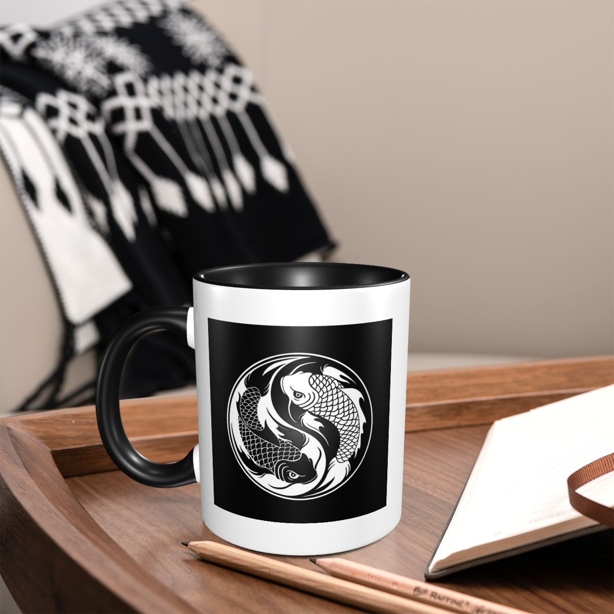 Mug Ikan Koi Yin Yang Hitam Pu - Coffee Tea Yin Yang ulasan dan harga